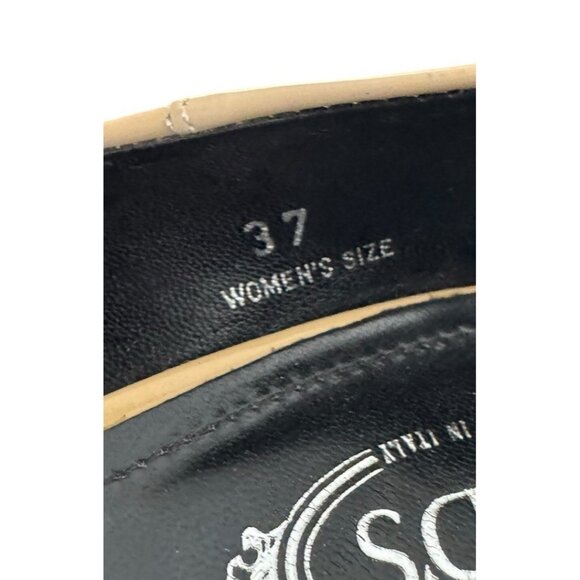 TOD'S Women's Sz 37 US Sz 6.5 Tan & Black Patent Leather Peep Toe Heels - Picture 7 of 15